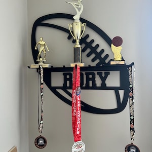 Custom Name Medal Hanger and Trophy Shelf - Custom Kids Football Sign - Medal Holder Custom Text 8 Rungs for Medals Ribbons Display