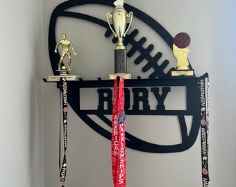 Custom Football Medal Hanger & Trophy Shelf: Personalized Kids Sports Sign