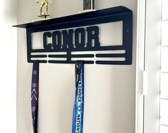 Custom Name Medal Hanger and Trophy Shelf - Medal Holder Custom Text 8 Rungs for Medals & Ribbons Medal Hanger Medal Display Award Display