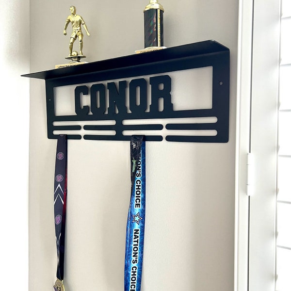 Custom Name Medal Hanger and Trophy Shelf - Medal Holder Custom Text 8 Rungs for Medals & Ribbons Medal Hanger Medal Display Award Display