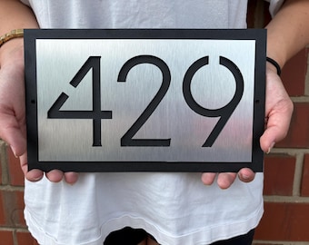 Placa de dirección metálica moderna - Letrero de dirección para condominio - Placas de número de apartamento - Letrero de dirección de casa - Aluminio cepillado y acero negro