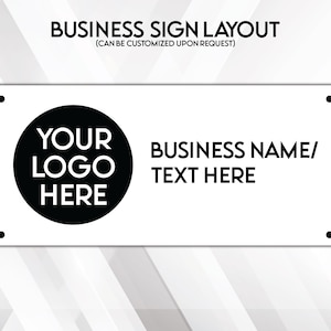 Pu&ograve; includere: Layout di un cartello aziendale rettangolare bianco con testo nero e un cerchio nero per un logo. Il cartello recita "BUSINESS SIGN LAYOUT" e "YOUR LOGO HERE" con spazio per un nome aziendale.