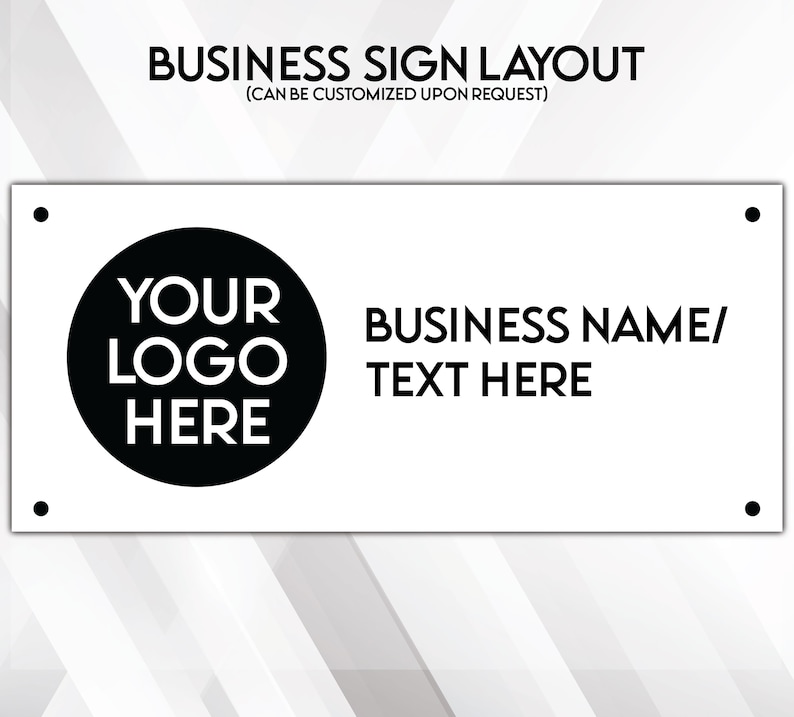 Pu&ograve; includere: Layout di un cartello aziendale rettangolare bianco con testo nero e un cerchio nero per un logo. Il cartello recita "BUSINESS SIGN LAYOUT" e "YOUR LOGO HERE" con spazio per un nome aziendale.