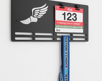 Porta dorsales y medallas - Perchero para medallas de maratón - Letrero de premios para carreras de 5K, 10K, media maratón y carrera completa
