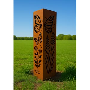 Rusted Metal Garden Column | Rusted Butterfly Garden Art | | Garden Decor | Rustic Sculpture Landscape Design | Outdoor Furniture and Decor