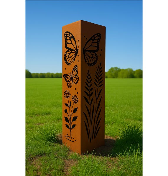 Rusted Metal Garden Column | Rusted Butterfly Garden Art | | Garden Decor | Rustic Sculpture Landscape Design | Outdoor Furniture and Decor
