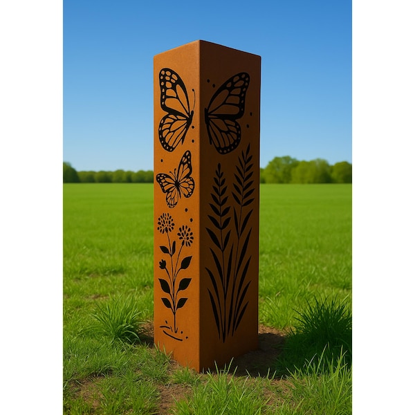 Rusted Metal Garden Column | Rusted Butterfly Garden Art | | Garden Decor | Rustic Sculpture Landscape Design | Outdoor Furniture and Decor