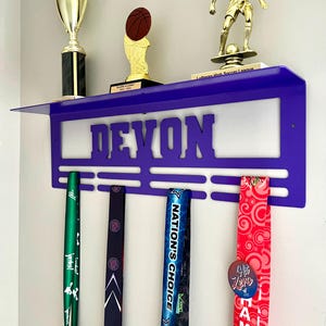 Custom Name Medal Hanger and Trophy Shelf - Medal Holder Custom Text 8 Rungs for Medals & Ribbons Medal Hanger Medal Display Award Gift