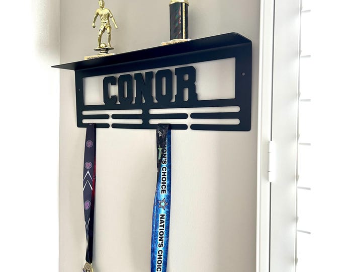Custom Name Medal Hanger and Trophy Shelf - Medal Holder Custom Text 8 Rungs for Medals & Ribbons Medal Hanger Medal Display Award Gift