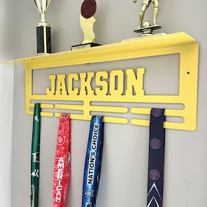 Custom Name Medal Hanger and Trophy Shelf - Medal Holder Custom Text 8 Rungs for Medals & Ribbons Medal Hanger Medal Display Award Gift