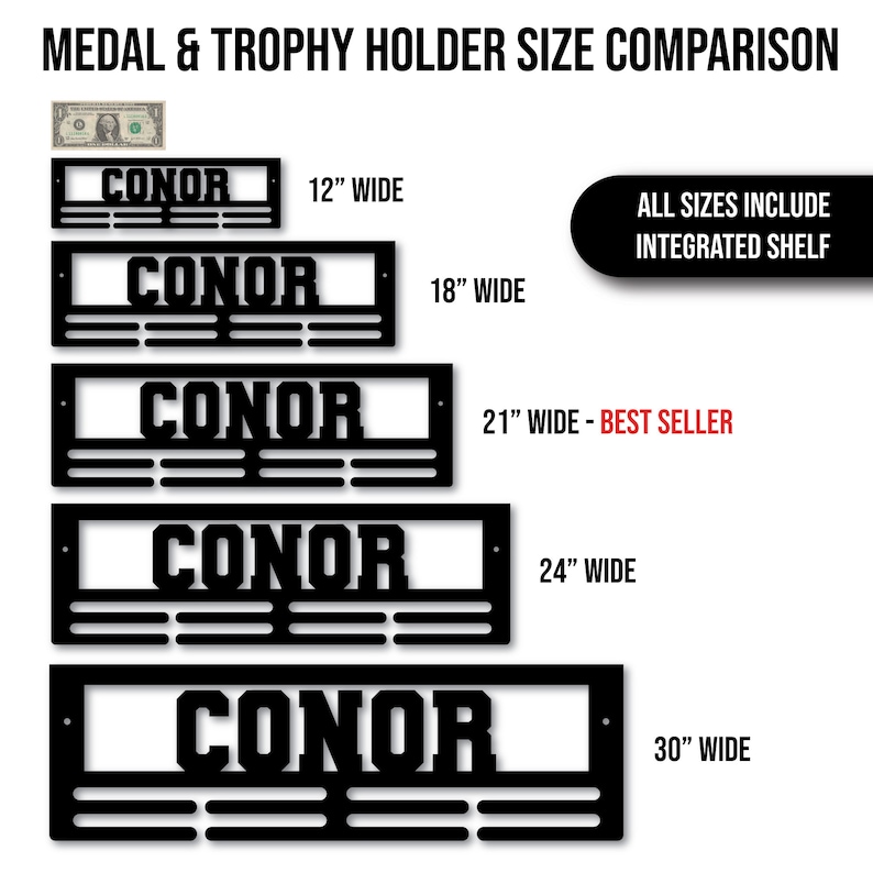 Custom Name Medal Hanger and Trophy Shelf Medal Holder Custom Text 8 Rungs for Medals & Ribbons Medal Hanger Medal Display Award Display image 4