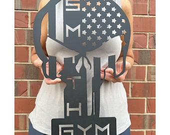 Letrero metálico personalizado para gimnasio, arte mural para sala de entrenamiento de pesas, letrero personalizado para gimnasio en casa, decoración personalizada para gimnasio, calavera para gimnasio en el garaje.