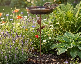 Vintage Iron Bird Bath Garden Stake, Copper Finish Standing Birdbath, Rustic Outdoor Garden Decor, Bird Lover Housewarming Gift