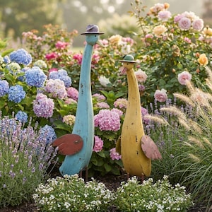 Metal Duck Garden Statues with Hat, Colorful Outdoor Garden Decor, Whimsical Patio Ornament, Cottage Yard Accent, Gift for Garden Lovers