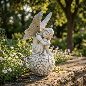 Può includere: Una statua da giardino color pietra grigio chiaro raffigurante un angelo alato seduto con le ginocchia raccolte al petto. L'angelo poggia su una base sferica coperta di dettagli floreali intagliati, con grandi ali strutturate.