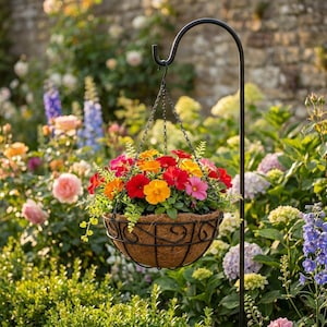 Peut inclure: Une jardinière suspendue avec un cadre en fil métallique noir et une doublure en fibre de coco naturelle, suspendue par une chaîne en métal à un grand crochet de berger noir. La corbeille est remplie de pétunias rouges, orange, jaunes et roses.