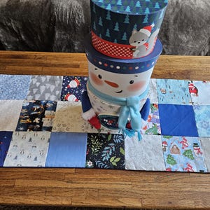 Grandma&#39;s Scraps Blue Christmas Table Runner