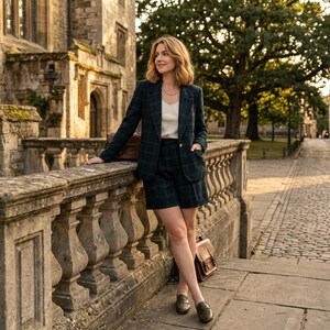 May include: A dark green and navy blue plaid blazer and matching shorts set worn over a cream-colored tank top, paired with dark brown leather loafers and a brown leather satchel bag.