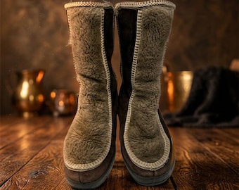 Botas Yodelers vintage de los años 70 para mujer, talla 6, ante marrón, sherpa, doble cremallera, hechas en EE. UU.