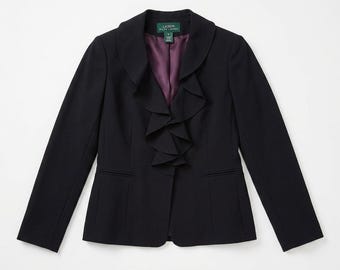 Vintage Lauren Ralph Lauren Blazer Sz 8 Navy Ruffle 100% Worsted Wool USA Made