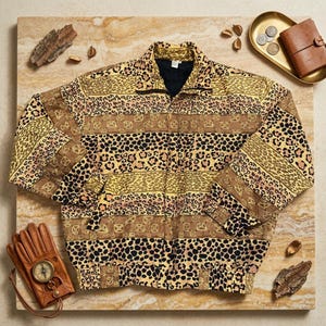 May include: A long-sleeve zip-up jacket featuring a multi-patterned design with horizontal bands of leopard print, geometric shapes, and abstract textures in shades of brown, tan, black, and cream, finished with a solid black inner collar lining.