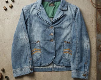 Kurtka dżinsowa damska Lee Premium Quality Denim Blazer, duża, niebieska, z pomarańczowymi przeszyciami