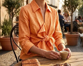Blusa Mishca para mujer, talla M, color naranja, mezcla de lino, con lazo frontal, manga tres cuartos, estilo costero.