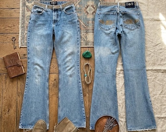 Vintage LEI Jeans maat 5 Flare Bell Bottom bloemenborduurwerk tailleband denim
