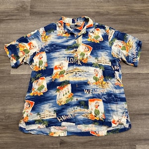 Camisa havaiana vintage Polo Ralph Lauren tamanho XL em viscose, modelo Hula Girl Aloha Camp Blue Loop