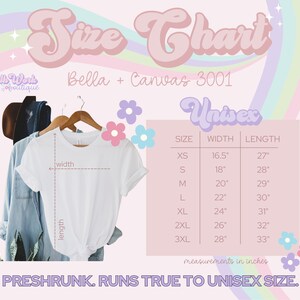 Puede incluir: Tabla de tallas para camisetas unisex Bella + Canvas 3001. La tabla muestra las medidas en pulgadas para el ancho y la longitud para las tallas XS, S, M, L, XL, 2XL y 3XL. El texto "PRESHRUNK. RUNS TRUE TO UNISEX SIZE." est&aacute; en la parte inferior de la tabla.