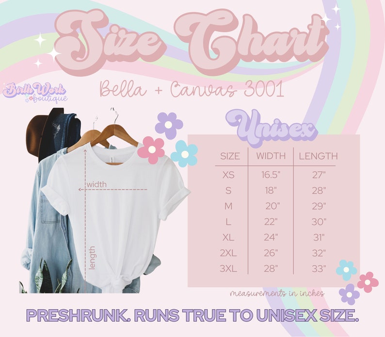 Puede incluir: Tabla de tallas para camisetas unisex Bella + Canvas 3001. La tabla muestra las medidas en pulgadas para el ancho y la longitud para las tallas XS, S, M, L, XL, 2XL y 3XL. El texto "PRESHRUNK. RUNS TRUE TO UNISEX SIZE." est&aacute; en la parte inferior de la tabla.