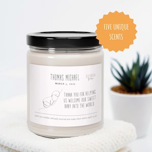 Midwife gift, OBGYN thank you gift, New Baby Scented Candle, Custom Doula Thank you Candle, Gift for postpartum doula, Delivery Doctor gift