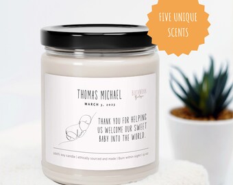 Midwife gift, OBGYN thank you gift, New Baby Scented Candle, Custom Doula Thank you Candle, Gift for postpartum doula, Delivery Doctor gift