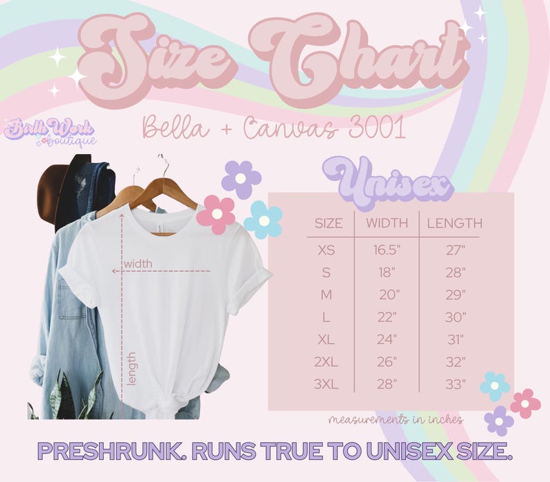 May include: Size chart for Bella + Canvas 3001 unisex t-shirts. The chart shows measurements in inches for width and length for sizes XS to 3XL.