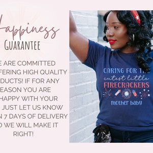 May include: A navy blue t-shirt with the text "Caring for the cutest little firecrackers" and "mother baby" in white. The shirt features a red, white, and blue firework graphic.