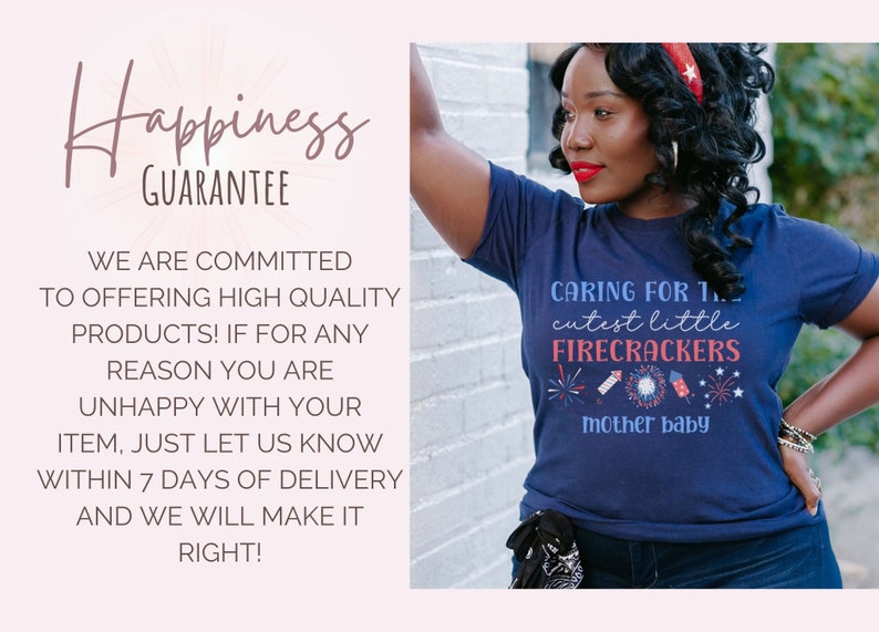 May include: A navy blue t-shirt with the text "Caring for the cutest little firecrackers" and "mother baby" in white. The shirt features a red, white, and blue firework graphic.