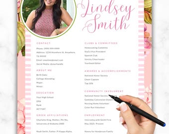 Plantilla de currículum para hermandad, paquete de reclutamiento para hermandad, hermandad personalizable, currículum con foto, currículum social, reclutamiento para hermandad, diseño floral rosa