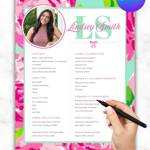 May include: A resume template with a pink and green floral design. The resume includes the name "Lindsey Smith" in a script font, along with sections for contact information, education, and experience. A photo of a woman is in the upper left corner.