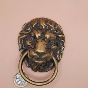 Könnte beinhalten: Ein goldener Türklopfer in Form eines Löwenkopfes mit einem Ringgriff. Der Türklopfer ist detailliert mit einer strukturierten Mähne und einem realistischen Ausdruck.