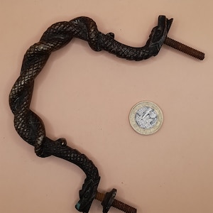 Peut inclure: Une poignée de porte en métal brun foncé en forme de serpent avec une surface texturée détaillée. La poignée a deux vis pour la fixer à une porte.