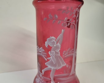 Vintage Fenton Cranberry Glass Mary Gregory Hand Painted Vase