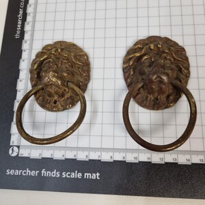 Könnte beinhalten: Zwei antike Türklopfer aus Messing mit einem detaillierten Löwenkopf-Design und einem kreisförmigen Ring. Die Klopfer liegen auf einer Messmatte mit Zentimeterskala, wobei jeder Löwenkopf eine Höhe von etwa 7,5 cm aufweist.