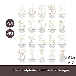Peut inclure: Ensemble de broderies florales de l'alphabet, lettres de A à Z, de couleur beige clair. Chaque lettre est ornée de motifs floraux détaillés. Le texte "Floral Letter A-Z" et "Floral Alphabet Embroidery Designs" est également présent.