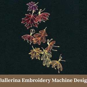 以下が含まれることがあります： 秋の葉の間で踊るバレリーナを描いた刺繍ミシンデザイン。葉は赤、オレンジ、金色の色合いで、バレリーナも同じ色です。背景は濃いティール色です。