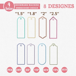 Peut inclure: Image présentant huit motifs de broderie de marque-pages de différentes formes et couleurs, avec des tailles allant de 3,8 cm à 6,4 cm. Le texte "BOOKMARK MACHINE EMBROIDERY DESIGN" est visible.