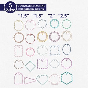 Peut inclure: Une collection de motifs de broderie machine pour marque-pages dans diverses formes et tailles, incluant 1,5, 1,8, 2 et 2,5 pouces. L'image présente vingt et une formes de contour distinctes aux couleurs pastel, chacune avec un petit trou.