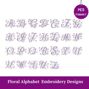 Peut inclure: Ensemble complet de broderies d'alphabet floral de couleur lavande. Chaque lettre est ornée de motifs floraux délicats. L'image comprend le texte "Floral Alphabet Embroidery Designs" et une étiquette "PES FORMAT".