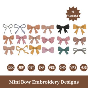 May include: A collection of 16 mini bow embroidery designs in various colors, including pink, orange, and black. The designs are arranged on a white background, with the text "Mini Bow Embroidery Designs" at the bottom.