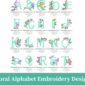 May include: A set of floral alphabet embroidery designs. Each letter, from A to T, is decorated with colourful floral embellishments. The designs are shown on a white background, with the text "Floral Alphabet Embroidery Designs" at the bottom.