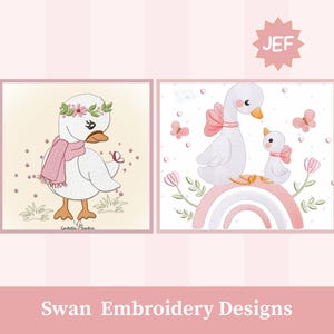Diseño de bordado de 2 cisnes, adorable cisne floral con bufanda, cisne madre e hijo sobre arcoíris, descarga digital instantánea, encantador cisne, decoración para habitación infantil (JEF)